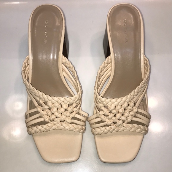 Ann Taylor Women’s Leather Cream Woven Braided Square Toe Chunky Block Heels - Picture 2 of 7